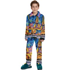 Eiffel Tower Starry Night Print Van Gogh Kids  Long Sleeve Velvet Pajamas Set