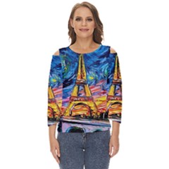 Eiffel Tower Starry Night Print Van Gogh Cut Out Wide Sleeve Top