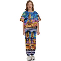 Eiffel Tower Starry Night Print Van Gogh Kids  T-shirt And Pants Sports Set by Maspions