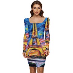 Eiffel Tower Starry Night Print Van Gogh Women Long Sleeve Ruched Stretch Jersey Dress