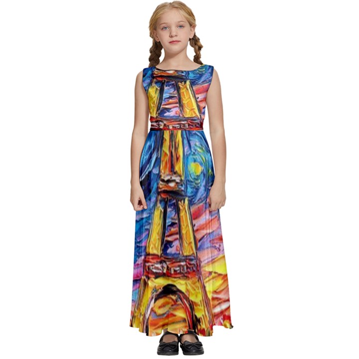 Eiffel Tower Starry Night Print Van Gogh Kids  Satin Sleeveless Maxi Dress