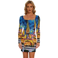 Eiffel Tower Starry Night Print Van Gogh Long Sleeve Square Neck Bodycon Velvet Dress