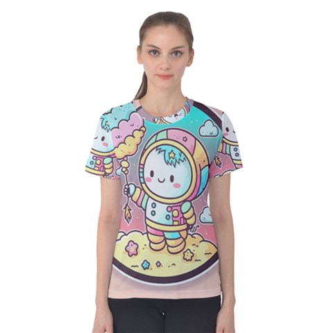 Boy Astronaut Cotton Candy Childhood Fantasy Tale Literature Planet Universe Kawaii Nature Cute Clou Women s Cotton T-shirt by Maspions