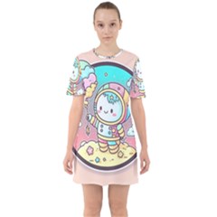 Boy Astronaut Cotton Candy Childhood Fantasy Tale Literature Planet Universe Kawaii Nature Cute Clou Sixties Short Sleeve Mini Dress by Maspions