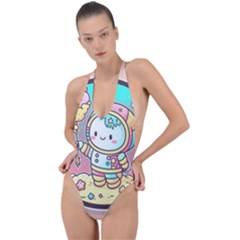 Boy Astronaut Cotton Candy Childhood Fantasy Tale Literature Planet Universe Kawaii Nature Cute Clou Backless Halter One Piece Swimsuit by Maspions