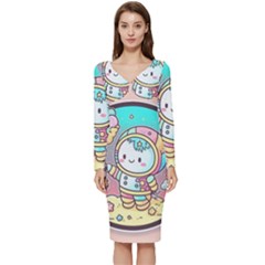 Boy Astronaut Cotton Candy Childhood Fantasy Tale Literature Planet Universe Kawaii Nature Cute Clou Long Sleeve V-neck Bodycon Dress  by Maspions