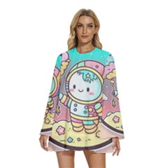 Boy Astronaut Cotton Candy Childhood Fantasy Tale Literature Planet Universe Kawaii Nature Cute Clou Round Neck Long Sleeve Bohemian Style Chiffon Mini Dress by Maspions