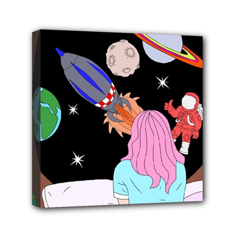 Girl Bed Space Planets Spaceship Rocket Astronaut Galaxy Universe Cosmos Woman Dream Imagination Bed Mini Canvas 6  X 6  (stretched) by Maspions