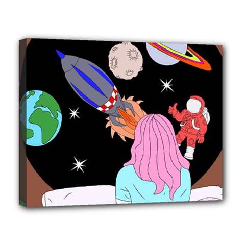 Girl Bed Space Planets Spaceship Rocket Astronaut Galaxy Universe Cosmos Woman Dream Imagination Bed Canvas 14  X 11  (stretched) by Maspions