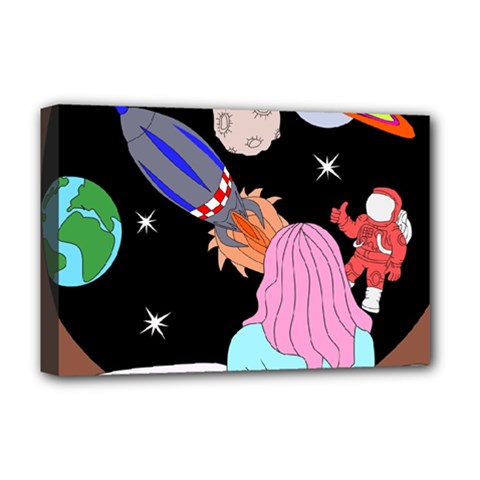 Girl Bed Space Planets Spaceship Rocket Astronaut Galaxy Universe Cosmos Woman Dream Imagination Bed Deluxe Canvas 18  X 12  (stretched) by Maspions