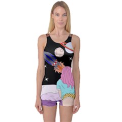 Girl Bed Space Planets Spaceship Rocket Astronaut Galaxy Universe Cosmos Woman Dream Imagination Bed One Piece Boyleg Swimsuit