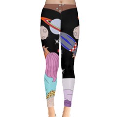 Girl Bed Space Planets Spaceship Rocket Astronaut Galaxy Universe Cosmos Woman Dream Imagination Bed Everyday Leggings  by Maspions