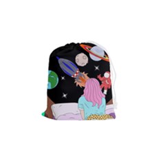 Girl Bed Space Planets Spaceship Rocket Astronaut Galaxy Universe Cosmos Woman Dream Imagination Bed Drawstring Pouch (small)