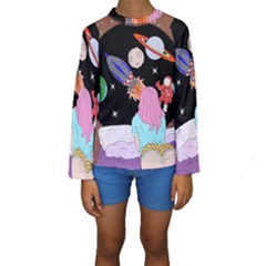 Girl Bed Space Planets Spaceship Rocket Astronaut Galaxy Universe Cosmos Woman Dream Imagination Bed Kids  Long Sleeve Swimwear