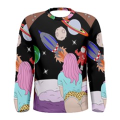 Girl Bed Space Planets Spaceship Rocket Astronaut Galaxy Universe Cosmos Woman Dream Imagination Bed Men s Long Sleeve T-shirt