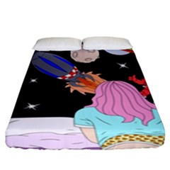 Girl Bed Space Planets Spaceship Rocket Astronaut Galaxy Universe Cosmos Woman Dream Imagination Bed Fitted Sheet (king Size)