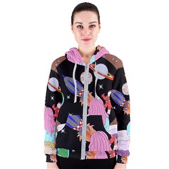 Girl Bed Space Planets Spaceship Rocket Astronaut Galaxy Universe Cosmos Woman Dream Imagination Bed Women s Zipper Hoodie