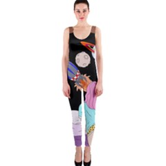 Girl Bed Space Planets Spaceship Rocket Astronaut Galaxy Universe Cosmos Woman Dream Imagination Bed One Piece Catsuit by Maspions