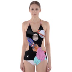 Girl Bed Space Planets Spaceship Rocket Astronaut Galaxy Universe Cosmos Woman Dream Imagination Bed Cut-out One Piece Swimsuit