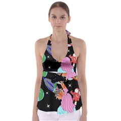 Girl Bed Space Planets Spaceship Rocket Astronaut Galaxy Universe Cosmos Woman Dream Imagination Bed Tie Back Tankini Top