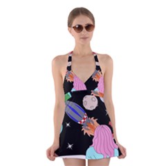 Girl Bed Space Planets Spaceship Rocket Astronaut Galaxy Universe Cosmos Woman Dream Imagination Bed Halter Dress Swimsuit 