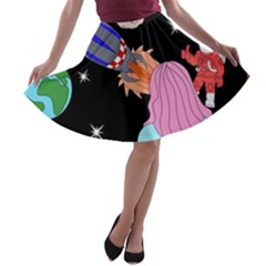 Girl Bed Space Planets Spaceship Rocket Astronaut Galaxy Universe Cosmos Woman Dream Imagination Bed A-line Skater Skirt