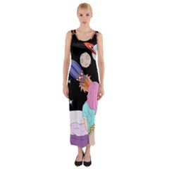 Girl Bed Space Planets Spaceship Rocket Astronaut Galaxy Universe Cosmos Woman Dream Imagination Bed Fitted Maxi Dress by Maspions