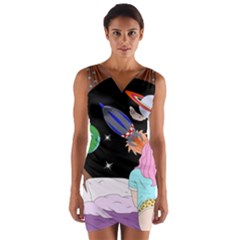 Girl Bed Space Planets Spaceship Rocket Astronaut Galaxy Universe Cosmos Woman Dream Imagination Bed Wrap Front Bodycon Dress