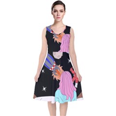 Girl Bed Space Planets Spaceship Rocket Astronaut Galaxy Universe Cosmos Woman Dream Imagination Bed V-neck Midi Sleeveless Dress 