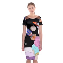 Girl Bed Space Planets Spaceship Rocket Astronaut Galaxy Universe Cosmos Woman Dream Imagination Bed Classic Short Sleeve Midi Dress by Maspions