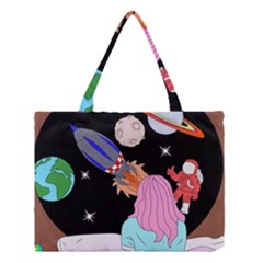 Girl Bed Space Planets Spaceship Rocket Astronaut Galaxy Universe Cosmos Woman Dream Imagination Bed Medium Tote Bag