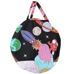 Girl Bed Space Planets Spaceship Rocket Astronaut Galaxy Universe Cosmos Woman Dream Imagination Bed Giant Round Zipper Tote by Maspions