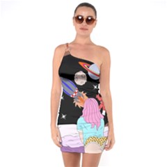 Girl Bed Space Planets Spaceship Rocket Astronaut Galaxy Universe Cosmos Woman Dream Imagination Bed One Shoulder Ring Trim Bodycon Dress