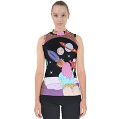 Girl Bed Space Planets Spaceship Rocket Astronaut Galaxy Universe Cosmos Woman Dream Imagination Bed Mock Neck Shell Top