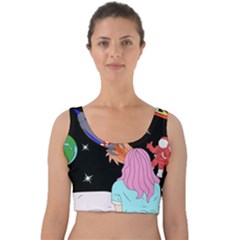 Girl Bed Space Planets Spaceship Rocket Astronaut Galaxy Universe Cosmos Woman Dream Imagination Bed Velvet Crop Top