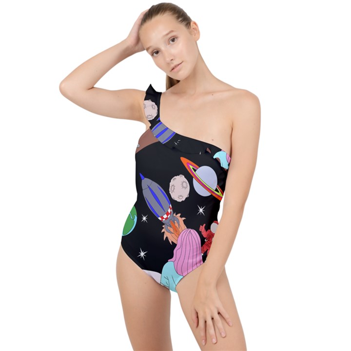 Girl Bed Space Planets Spaceship Rocket Astronaut Galaxy Universe Cosmos Woman Dream Imagination Bed Frilly One Shoulder Swimsuit