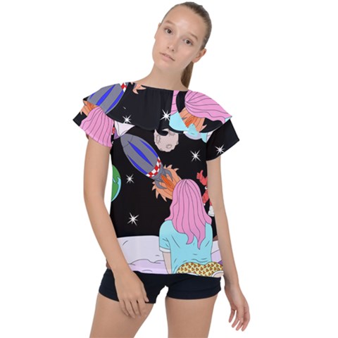 Girl Bed Space Planets Spaceship Rocket Astronaut Galaxy Universe Cosmos Woman Dream Imagination Bed Ruffle Collar Chiffon Blouse by Maspions