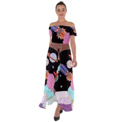 Girl Bed Space Planets Spaceship Rocket Astronaut Galaxy Universe Cosmos Woman Dream Imagination Bed Off Shoulder Open Front Chiffon Dress by Maspions