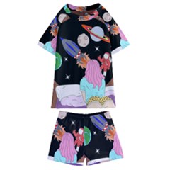 Girl Bed Space Planets Spaceship Rocket Astronaut Galaxy Universe Cosmos Woman Dream Imagination Bed Kids  Swim T-shirt And Shorts Set