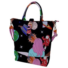 Girl Bed Space Planets Spaceship Rocket Astronaut Galaxy Universe Cosmos Woman Dream Imagination Bed Buckle Top Tote Bag by Maspions