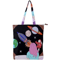 Girl Bed Space Planets Spaceship Rocket Astronaut Galaxy Universe Cosmos Woman Dream Imagination Bed Double Zip Up Tote Bag by Maspions