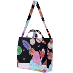 Girl Bed Space Planets Spaceship Rocket Astronaut Galaxy Universe Cosmos Woman Dream Imagination Bed Square Shoulder Tote Bag