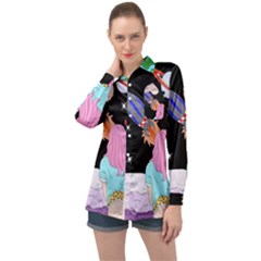 Girl Bed Space Planets Spaceship Rocket Astronaut Galaxy Universe Cosmos Woman Dream Imagination Bed Long Sleeve Satin Shirt