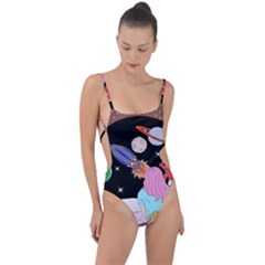 Girl Bed Space Planets Spaceship Rocket Astronaut Galaxy Universe Cosmos Woman Dream Imagination Bed Tie Strap One Piece Swimsuit by Maspions