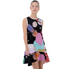 Girl Bed Space Planets Spaceship Rocket Astronaut Galaxy Universe Cosmos Woman Dream Imagination Bed Frill Swing Dress by Maspions