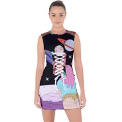 Girl Bed Space Planets Spaceship Rocket Astronaut Galaxy Universe Cosmos Woman Dream Imagination Bed Lace Up Front Bodycon Dress