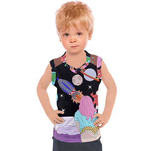 Girl Bed Space Planets Spaceship Rocket Astronaut Galaxy Universe Cosmos Woman Dream Imagination Bed Kids  Sport Tank Top by Maspions