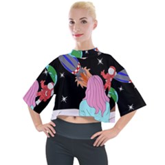 Girl Bed Space Planets Spaceship Rocket Astronaut Galaxy Universe Cosmos Woman Dream Imagination Bed Mock Neck T-shirt