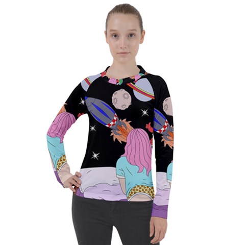 Girl Bed Space Planets Spaceship Rocket Astronaut Galaxy Universe Cosmos Woman Dream Imagination Bed Women s Pique Long Sleeve T-shirt by Maspions