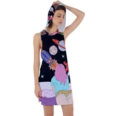 Girl Bed Space Planets Spaceship Rocket Astronaut Galaxy Universe Cosmos Woman Dream Imagination Bed Racer Back Hoodie Dress